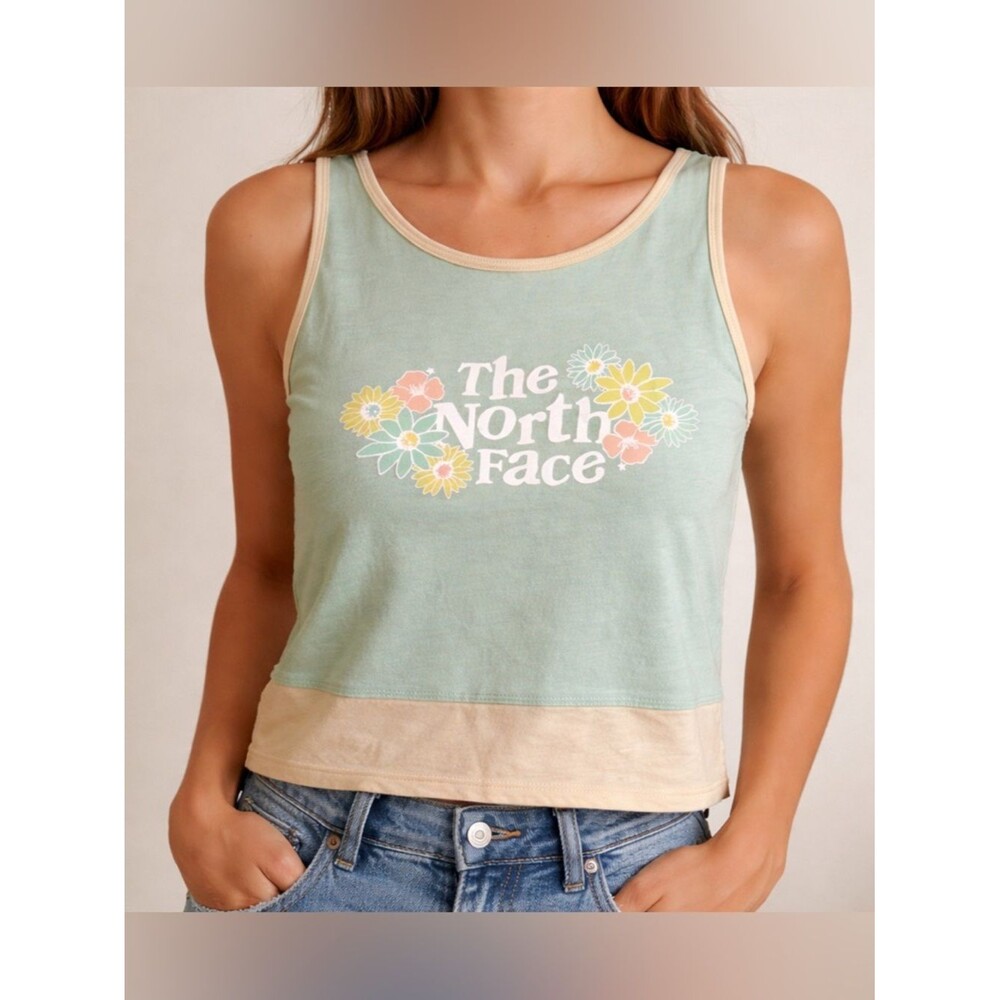 The North Face Girls XL Tank Top Mint Green Floral Logo Colorblock